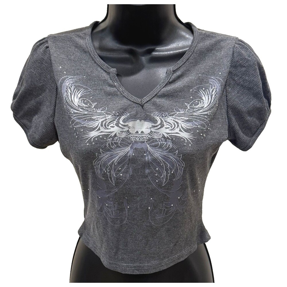 Womens Y2k Short Sleeve Crop Top Blouse Size Small S Puff Sleeve V-Neck Tee Gray